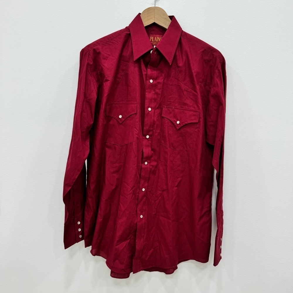 Plains Western Wear Mens Shirt Size M 65% polyester 35% cotton pearl snap Red